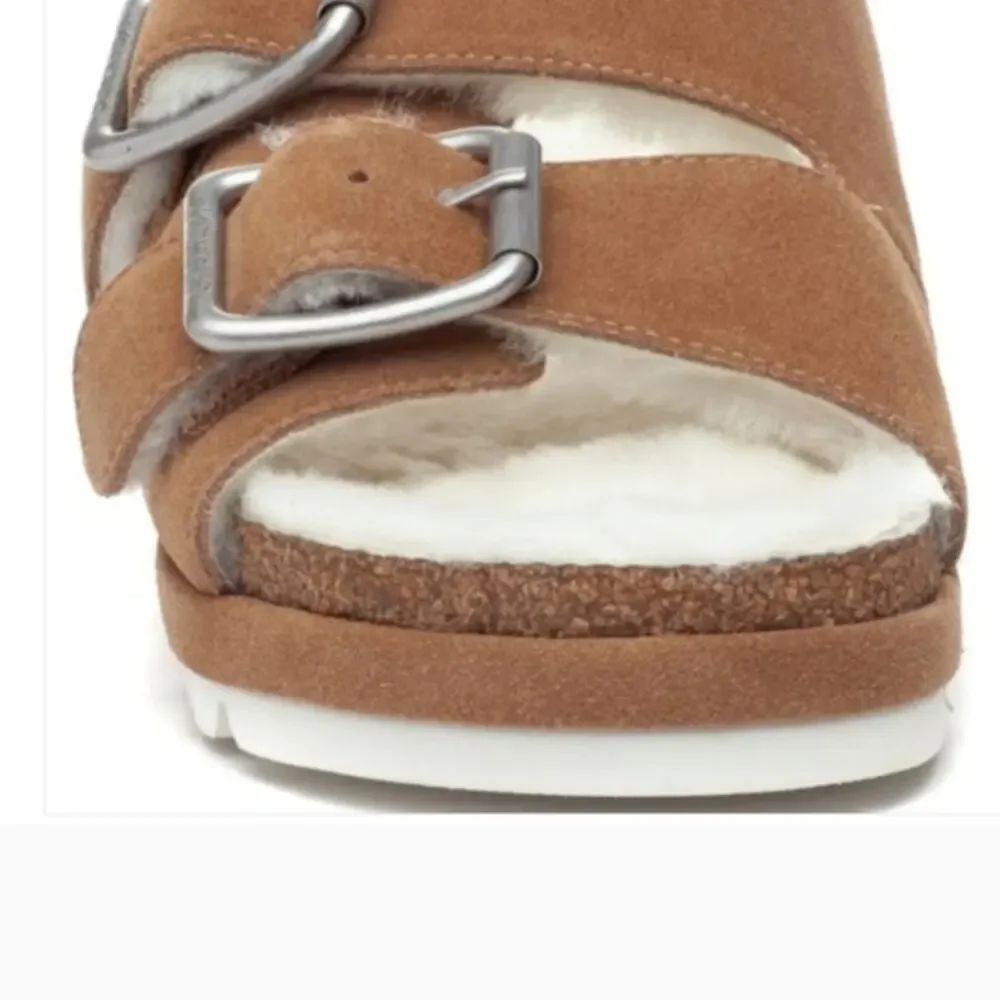 Anthropology J/Slides Lynx Cognac Suede Shearling Fur Lined Double Buckle Slides